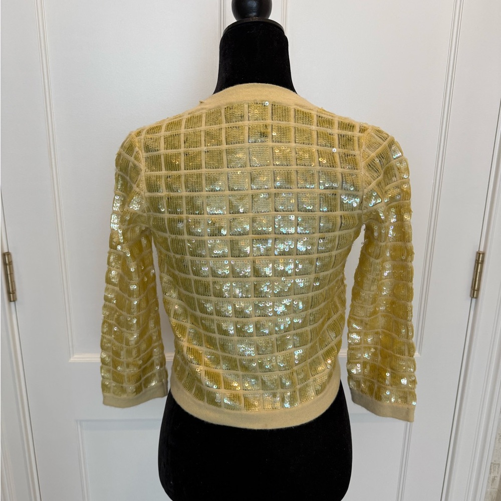 CHANEL Yellow and Gold Sequin Cashmere Button Up Cardigan - Picture 3 of 7